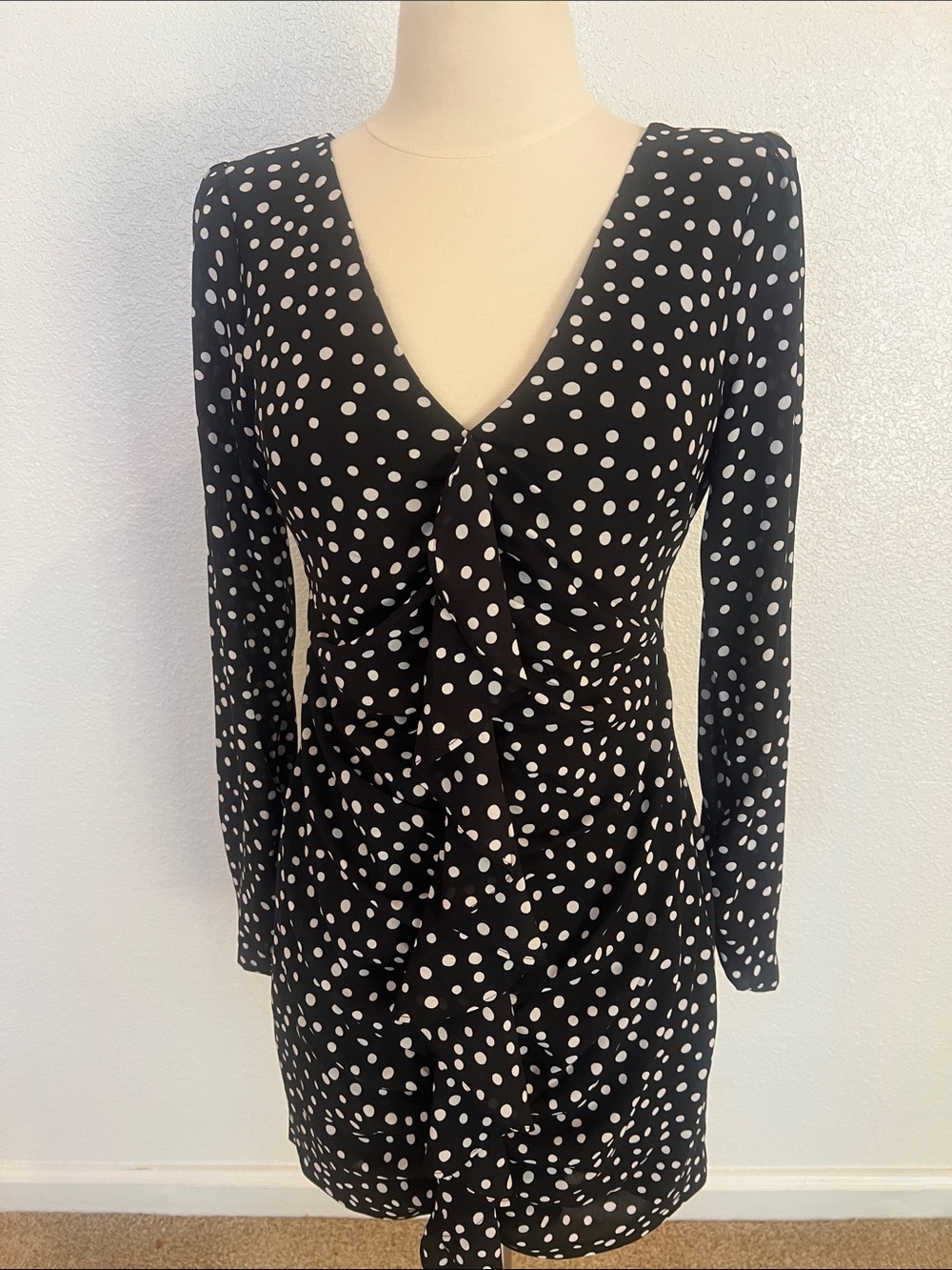 Likely Black Polka Dot V-Neck Long Sleeve Dress